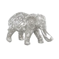 7" Silver Elephant Engraved Floral Sculpture