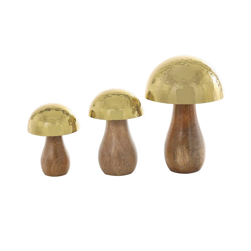 Gold Stainless Steel & Wood Mushroom Hammered Sculpture Set