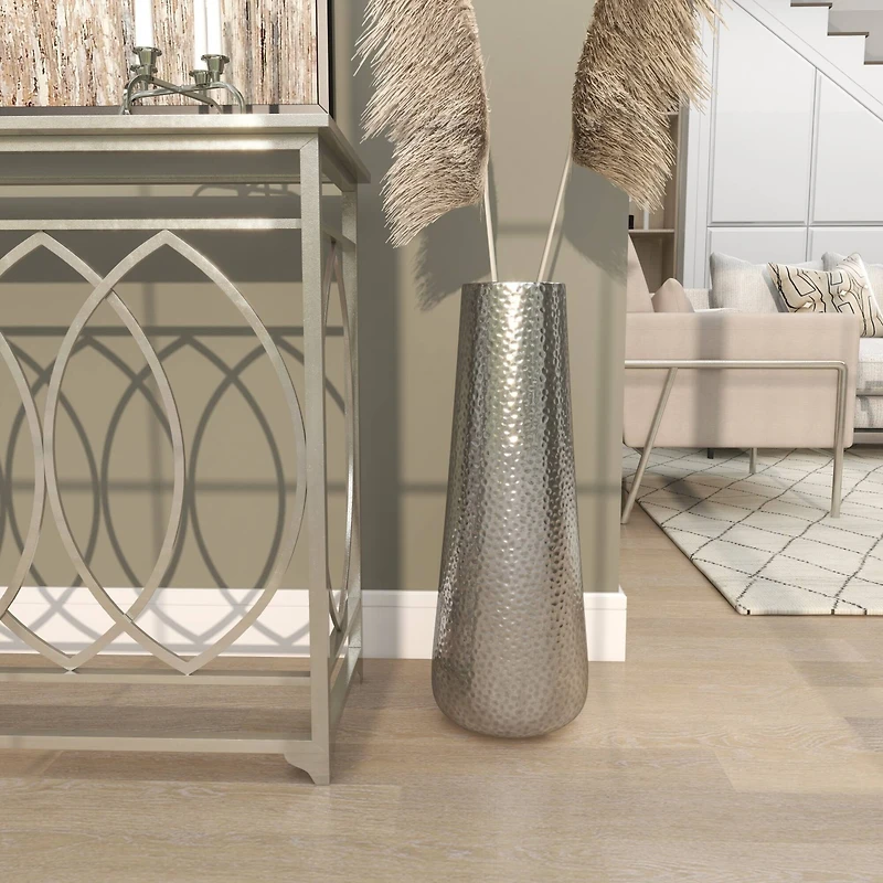 25" Silver Aluminum Tall Hammered Vase