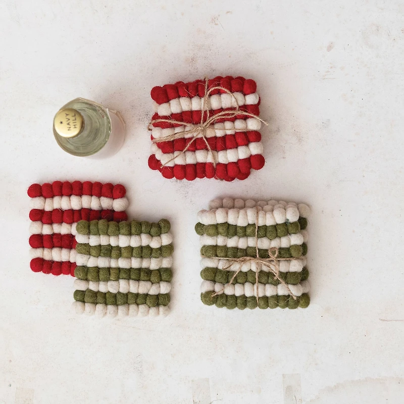 Hello Honey® 4" Cream & Green Handmade Wool Felt Ball Coasters, 4ct.
