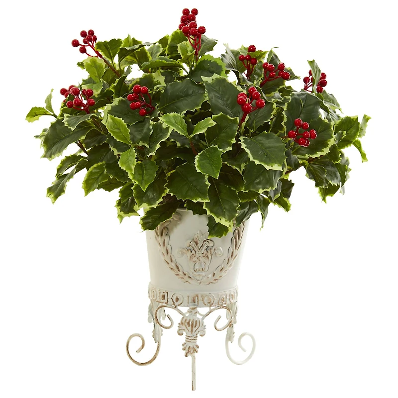 19" Variegated Holly Plant in Metal Planter