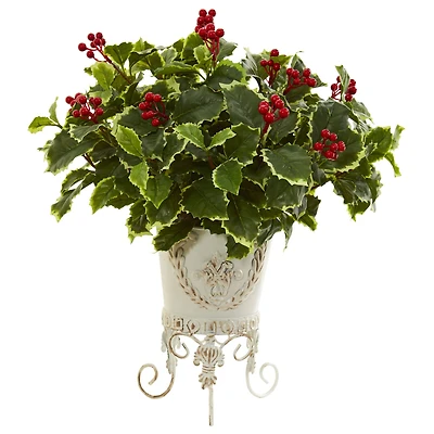 19" Variegated Holly Plant in Metal Planter