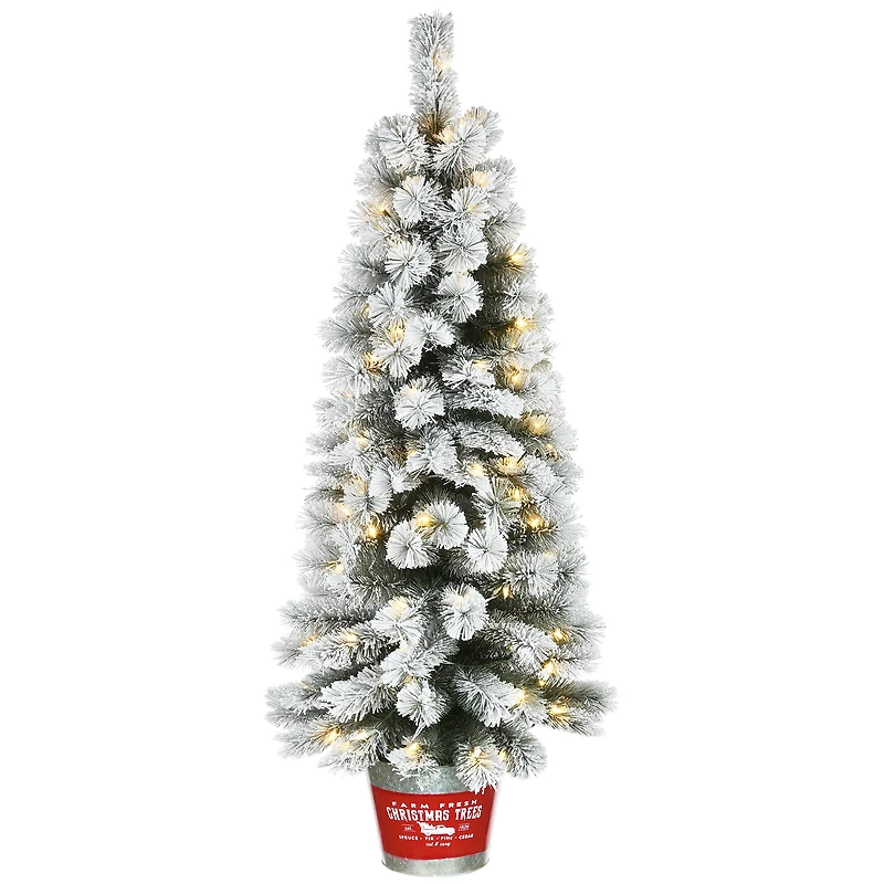 5ft. Pre-Lit Snowy Pogue Pine Entrance Artificial Christmas Tree in Red Base, Warm White LED Lights