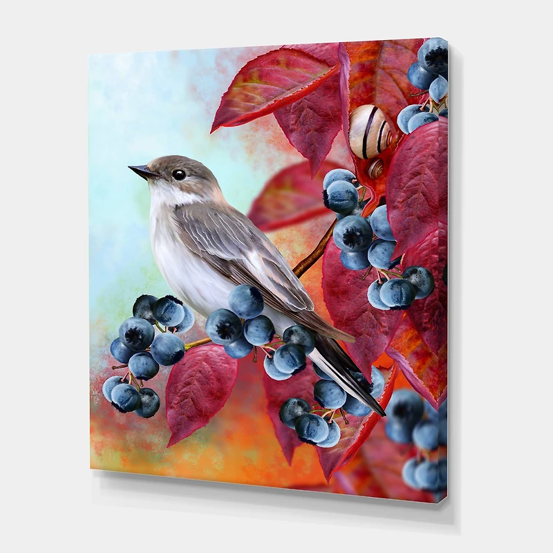 Designart - Little Gray Bird On Red Autumn On Blueberry Twig