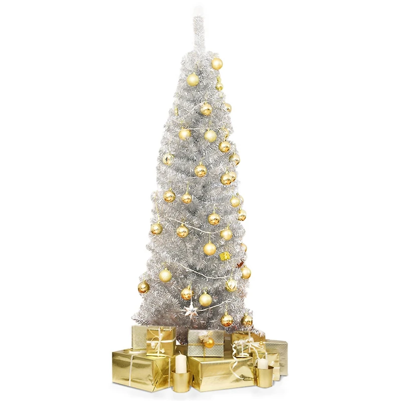 Costway 6ft. Unlit Silver Slim Pencil Tinsel Artificial Christmas Tree