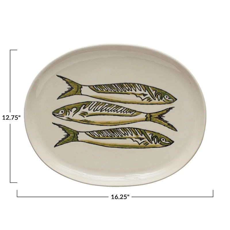 Hello Honey® 16" Painted Fish Cream & Green Stoneware Platter