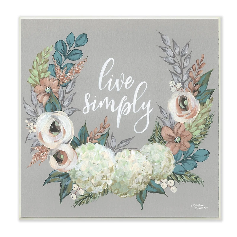 Stupell Industries Live Simply Sentiment Blooming Flower Wreath, 12" x 12"