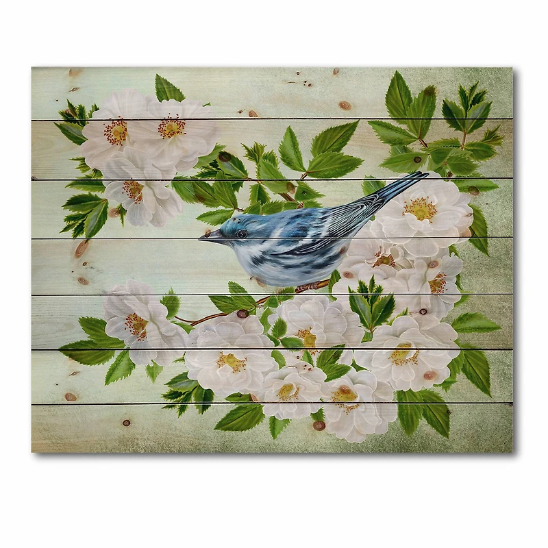 Designart - Little Blue Bird Sitting On A Branch of White Rose