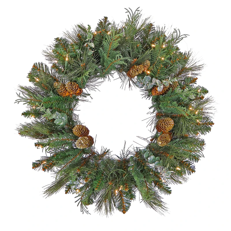 First Traditions™ 30'' Pre-Lit Artificial North Conway Wreath with Glittery Cones and Eucalyptus