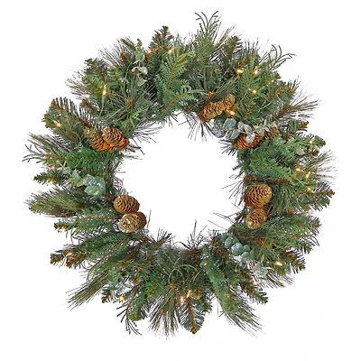 First Traditions™ 30'' Pre-Lit Artificial North Conway Wreath with Glittery Cones and Eucalyptus