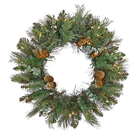 First Traditions™ 30'' Pre-Lit Artificial North Conway Wreath with Glittery Cones and Eucalyptus