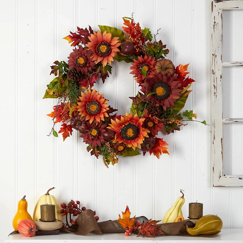 24" Sunflower, Pumpkin, Pinecone & Berries Fall Artificial Wreath