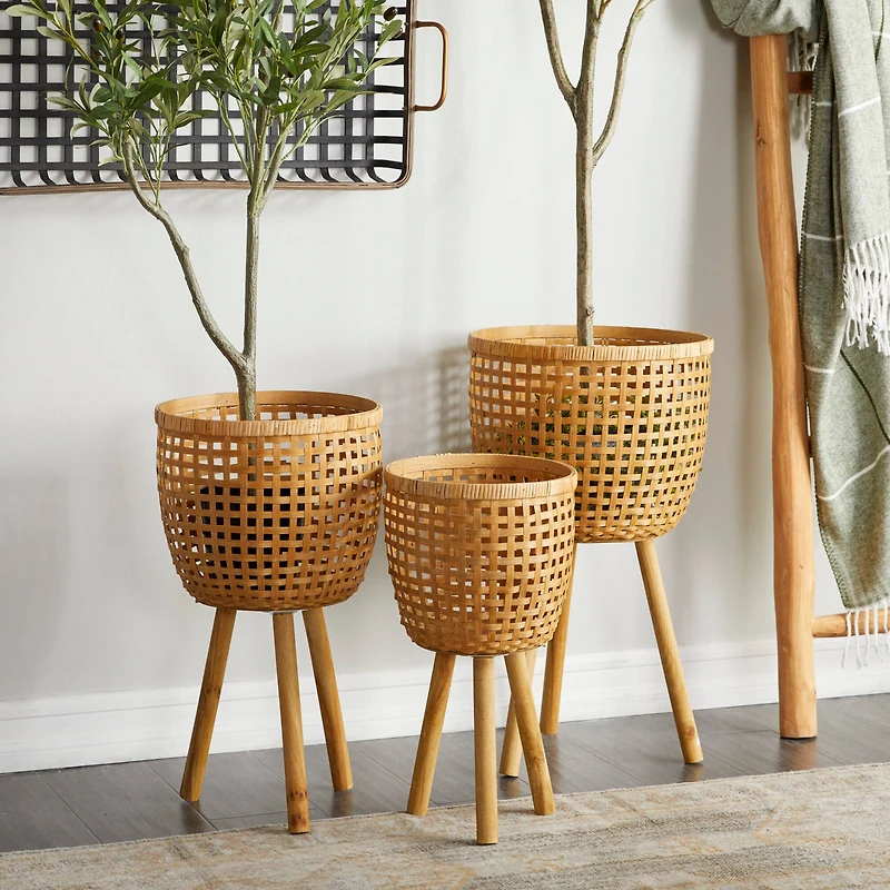 Brown Bamboo Bohemian Planter, Set of 3" 26", 23", 20"