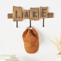 Brown Wood Handmade Live Edge Lake Sign 3 Hanger Wall Hook with Metal Accents