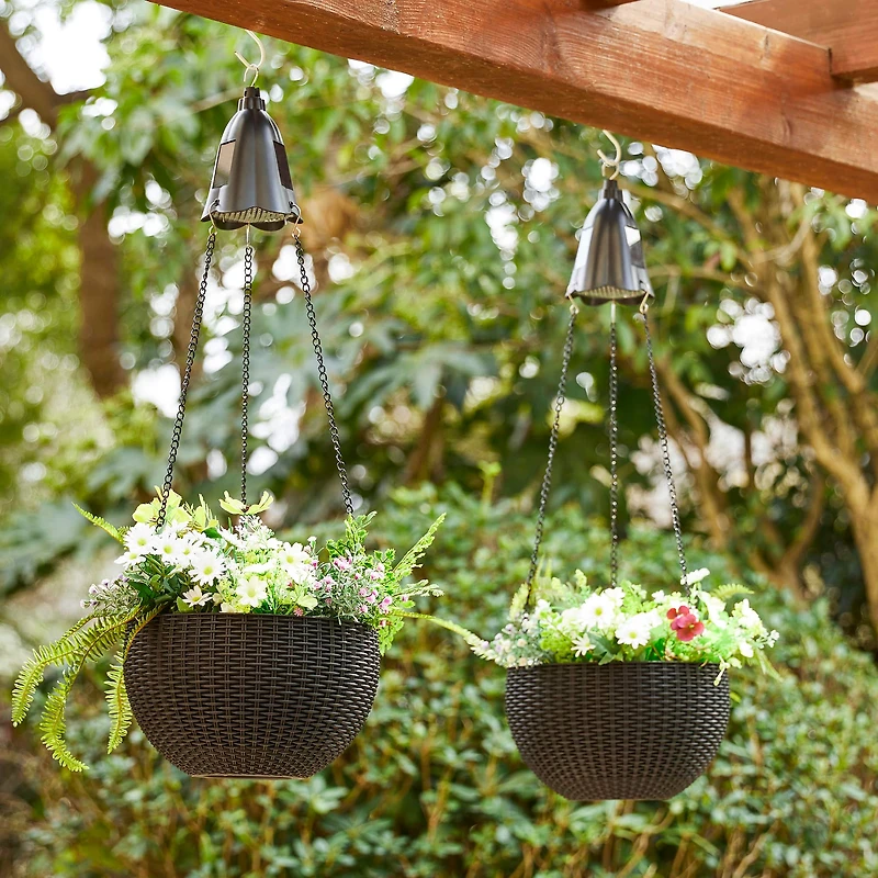 Glitzhome® 30" Black Solar Lighted Hanging Plastic Planters, 2ct.