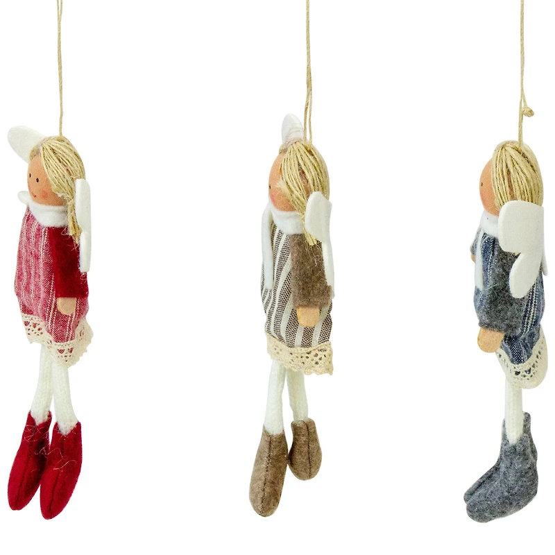Angel Doll with Wings Christmas Ornaments - 6" - Red  Brown and Blue - Set of 3