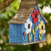 Glitzhome® 15" Blue Distressed Wood Birdhouse with Flowers