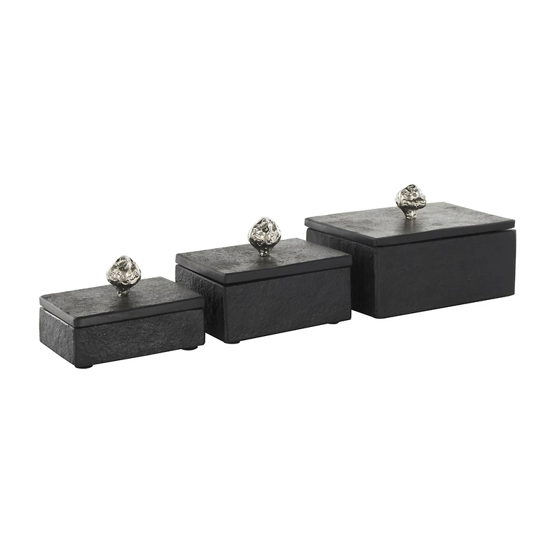Black Marble Decorative Box with Textured Silver Aluminum Knobs, 3ct.