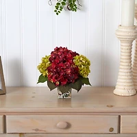 11" Green & Burgundy Hydrangea Arrangement in Floral Vase