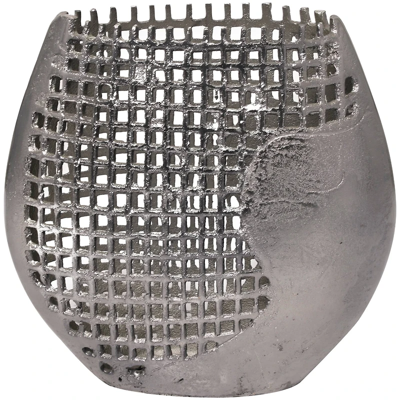 13" Dark Gray Aluminum Grid Inspired Abstract Vase with Open Frame Design