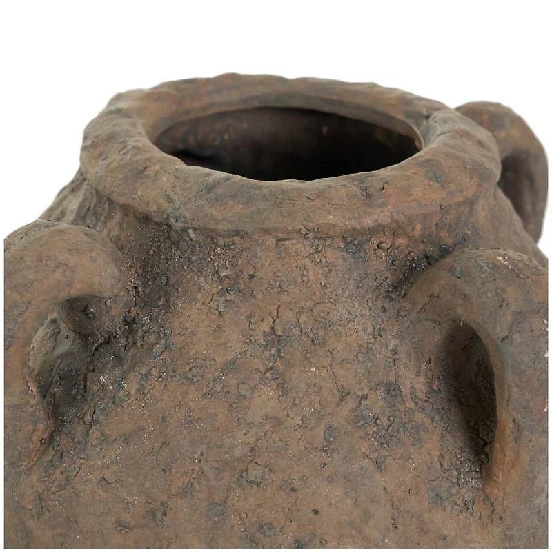 12" Dark Brown Ceramic Handmade Textured Vase with 4 Handles