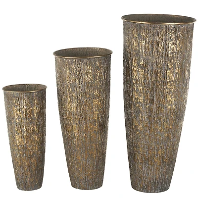 Brass Metal Abstract Tapered Textured Floor Decorative Vase with Gray Backing Set
