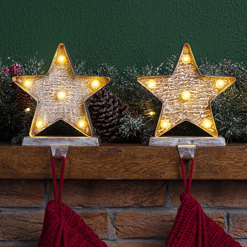 Glitzhome® 8" Marquee LED Star Wooden & Metal Stocking Holder Set