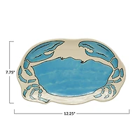 Hello Honey® 12.2" Blue & Cream Stoneware Crab Shaped Plate with Wax Relief Illustration