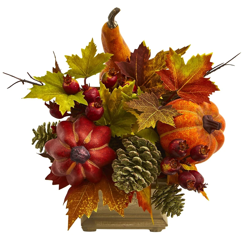 11" Pumpkin, Gourd, Berry & Maple Leaf Arrangement