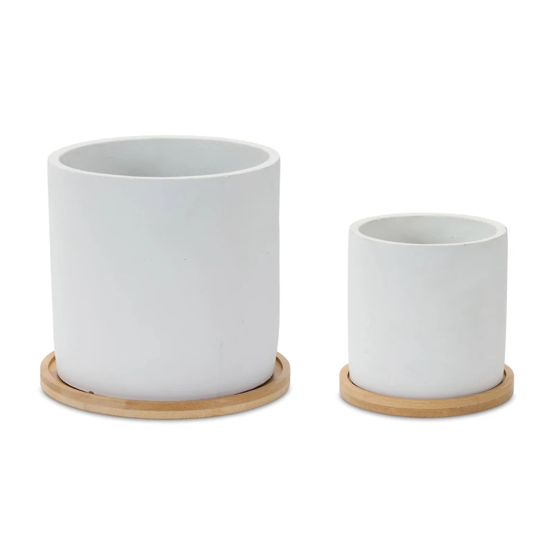 White Stone Planters with Wood Plates Set