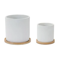 White Stone Planters with Wood Plates Set
