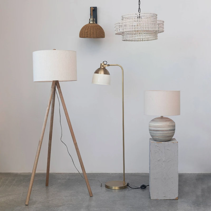 Hello Honey® 5ft. Modern Wood Tripod Floor Lamp with Fabric Shade