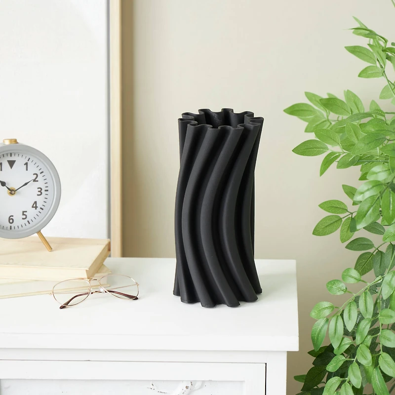 Black Abstract Curvy Ribbed Ceramic Vase