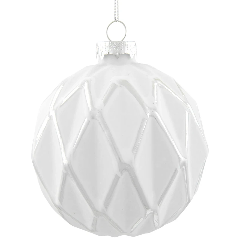 Embossed Diamond Christmas Glass Ball Ornaments - 4" (100mm) - White - 4ct