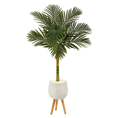 5ft. Golden Cane Artificial Palm Tree in White Planter with Stand