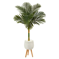 5ft. Golden Cane Artificial Palm Tree in White Planter with Stand
