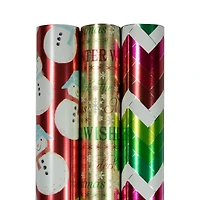 JAM Paper Red Foil Merry Christmas, Green Greetings & Green Red Stripe Gift Wrap Set