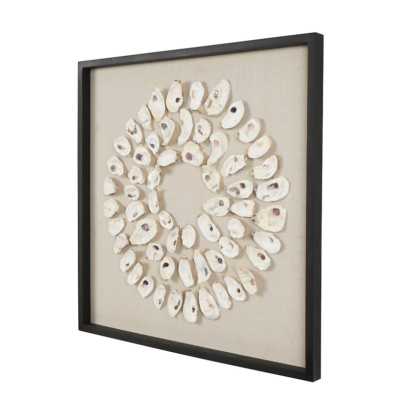 28" Cream, Beige & Black Handmade Abstract Circular Shell Wall Décor