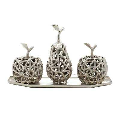 Silver Aluminum Contemporary Decorative Fruit with Tray, 8" x 14" x 8"