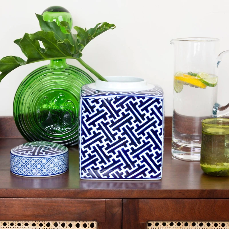 Hello Honey® 8.5" Blue and White Decorative Stoneware Ginger Jar with Lid