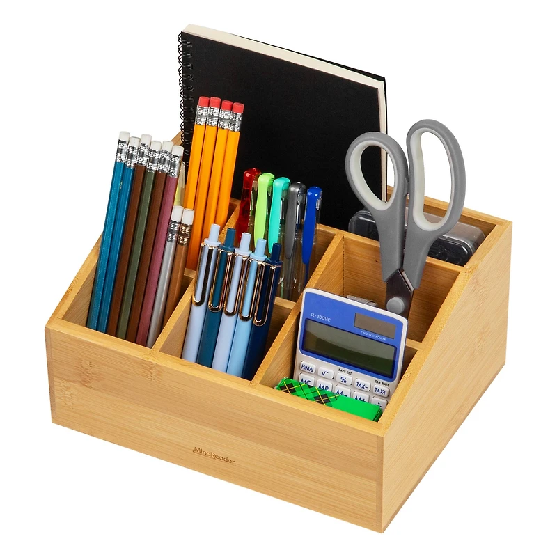 Mind Reader Desktop Organizer, 7-compartment, Office Essentials, Modern, Office, Bamboo, Brown