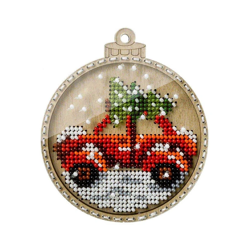 Wonderland Crafts Car with Christmas Tree Bead Embroidery on Wood Ornament Kit