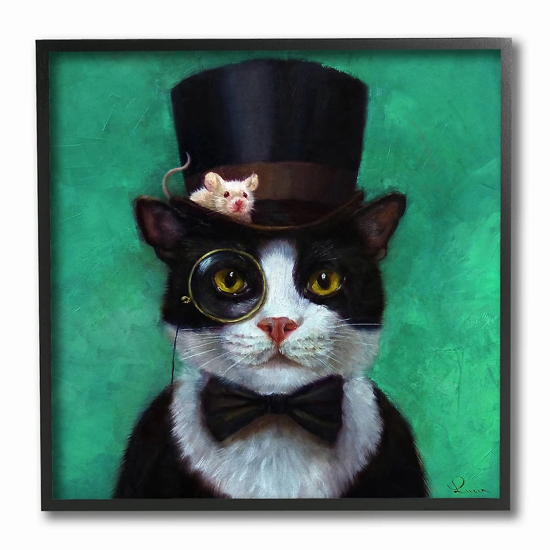 Stupell Industries Good Sir Top Hat Cat with a Mouse and A Monacle Turquoise Painting, 12" x 12"