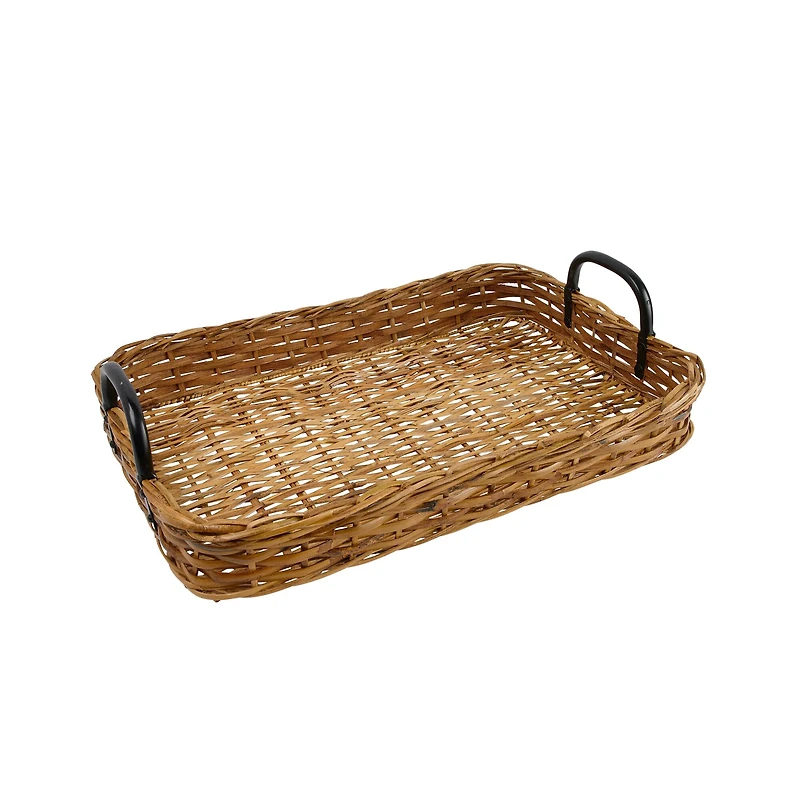 Hello Honey® 25" Natural and Black Decorative Woven Rattan Tray with Metal Handles