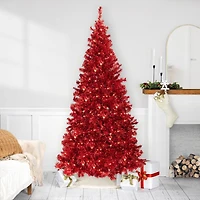 7ft. Pre-Lit Red Artificial Tinsel Christmas Tree, Clear Lights