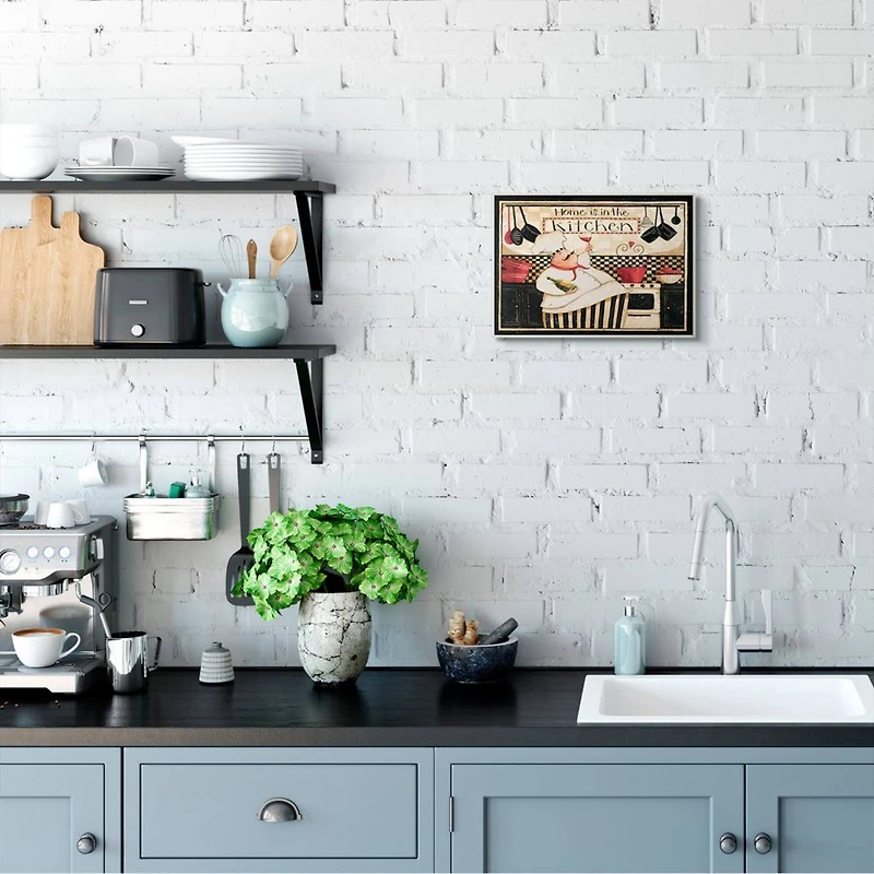 Stupell Industries Home is in the Kitchen with Happy Chef Illustration Wood Wall Plaque