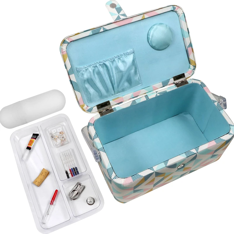 SINGER® Large Abstract Geo Print Sewing Basket with Matching Pouch Sew Kit