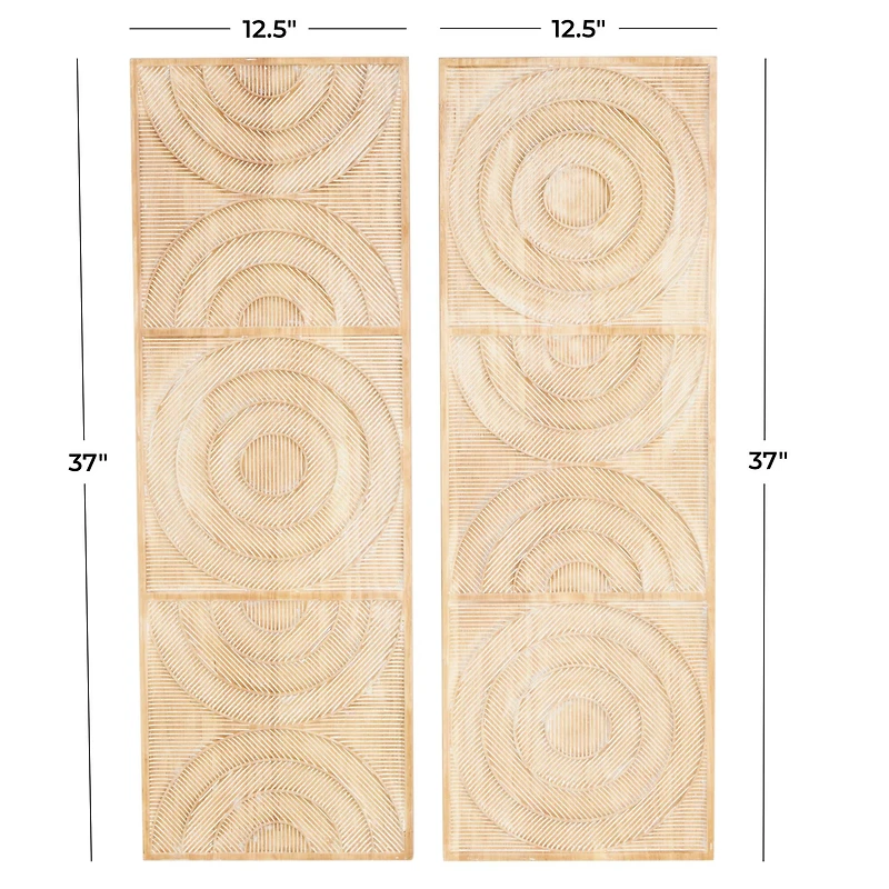 13" x 37" Light Brown Wood Geometric Carved Panel Arch Wall Décor with White Linear Markings Set