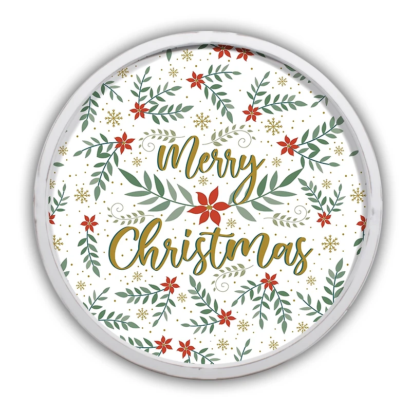 Merry Christmas Botanical Round Wall Art in White Frame