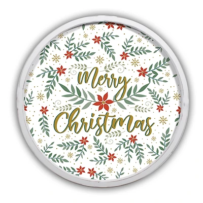 Merry Christmas Botanical Round Wall Art in White Frame